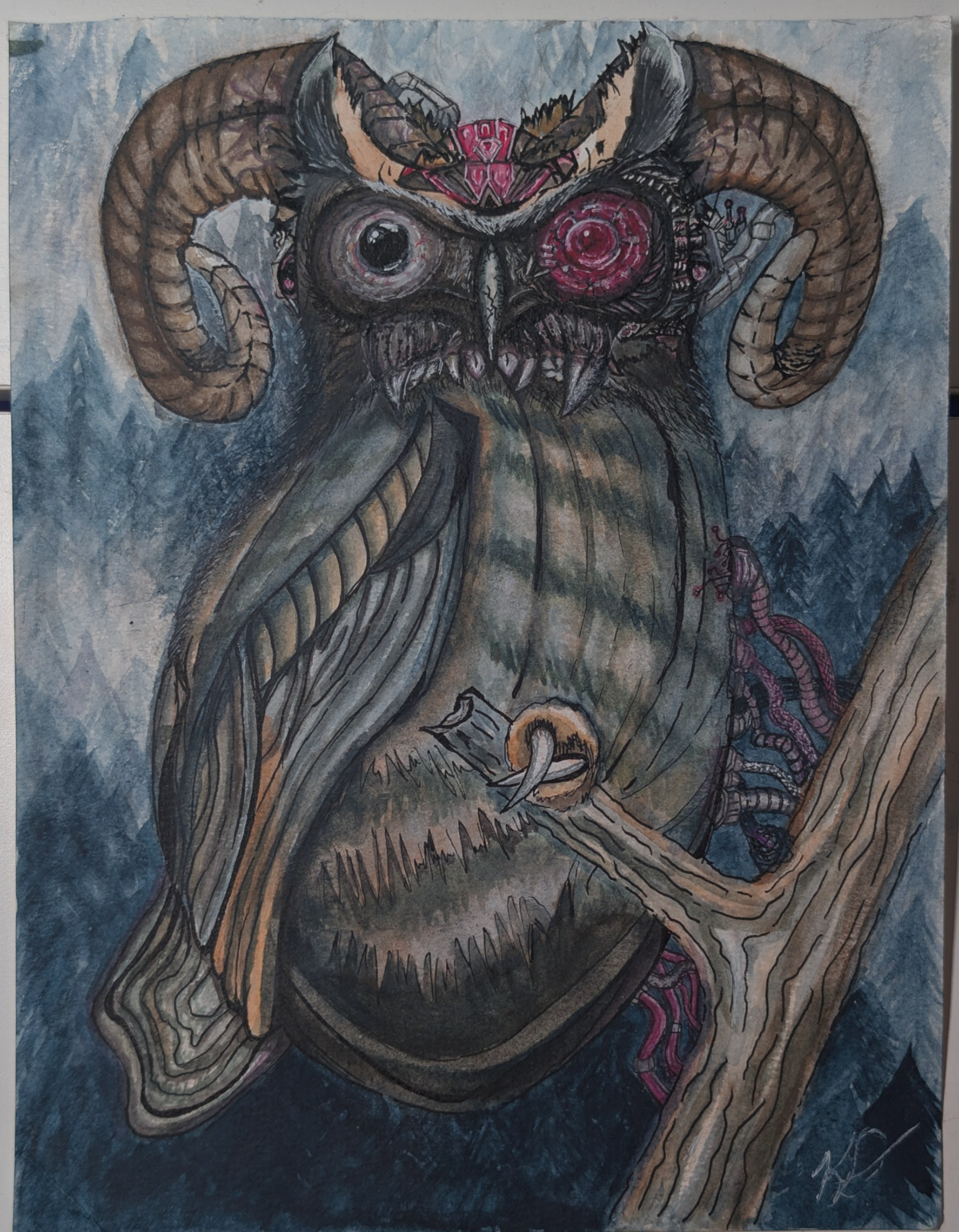 Hoo's Watching biomechanical owl ink and watercolor